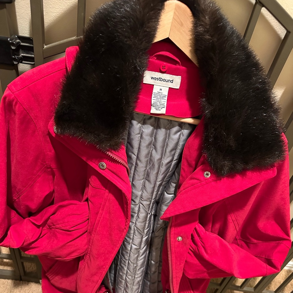 Westbound Red hooded Jacket with Gray Lining that is removable along with hood!